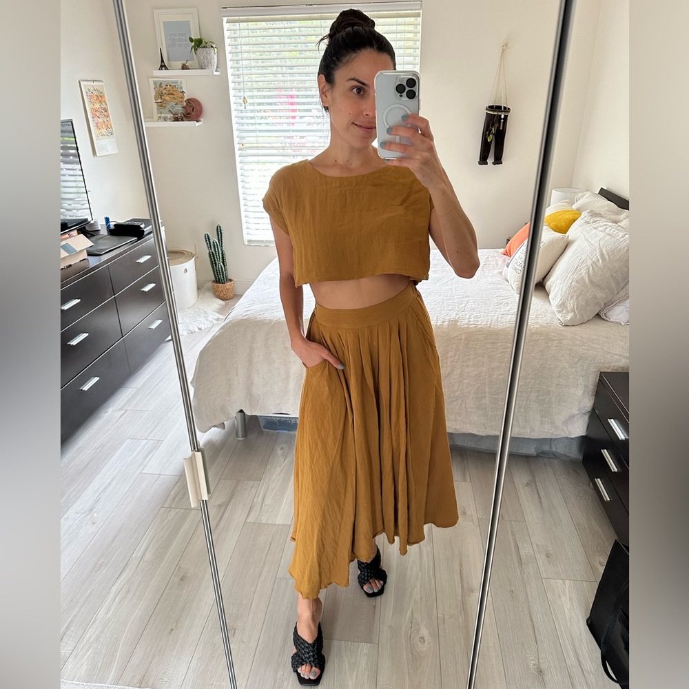 Mabel brown linen-y set with crop top and pleated midi skirt